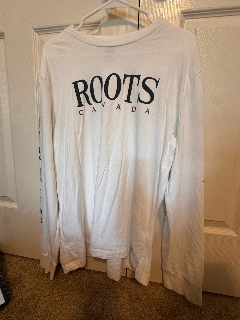 Roots White Long Sleeve Tee with Black Logo and Red Text